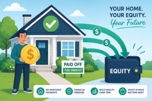 Cartoon showing how a house is paid off can be used to get a loan or mortgage from home equity.