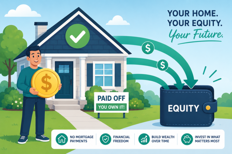 Cartoon showing how a house is paid off can be used to get a loan or mortgage from home equity.