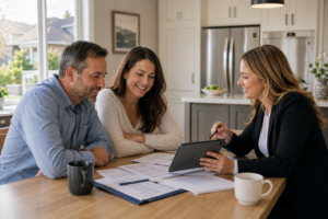 Ontario homeowners reviewing prepaid mortgages and solutions with a broker at their kitchen table