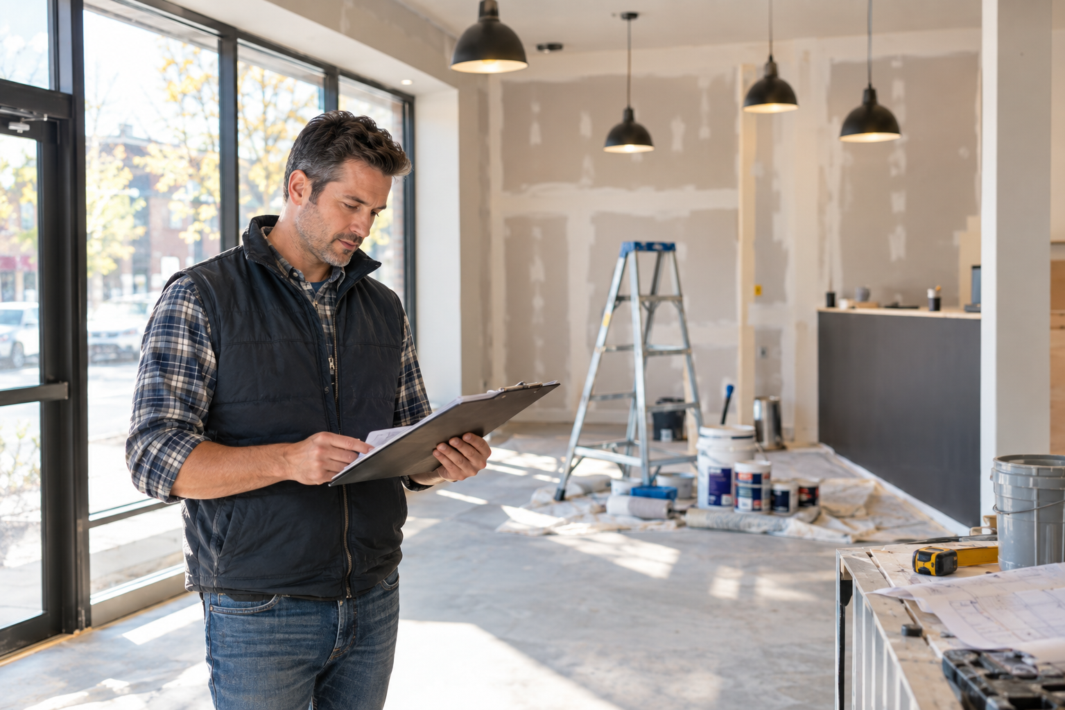 Owner of a small Ontario business reviewing renovation plans in a tenanted commercial unit, funded through a commercial equity line of credit