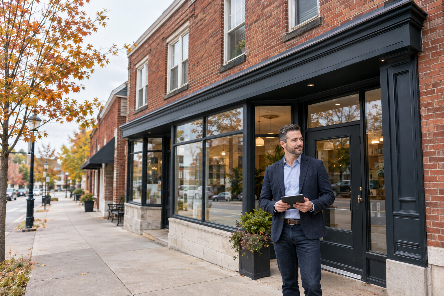Business owner standing outside a mixed-use storefront building in Ontario, representing commercial mortgage Ontario financing
