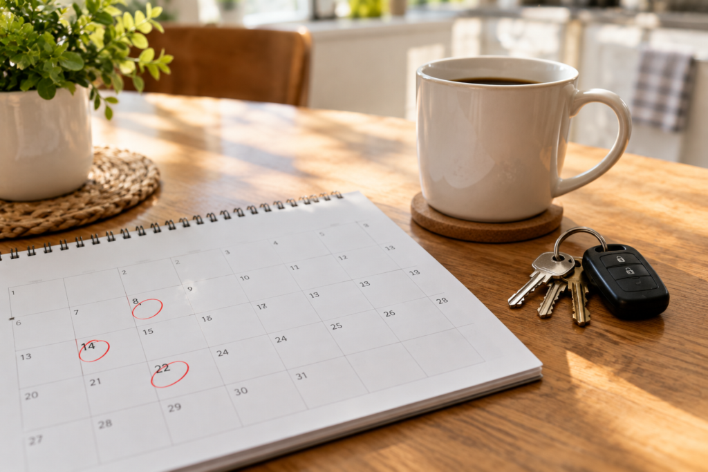 Calendar with dates circled beside keys, showing how recent late payments affect a mortgage application