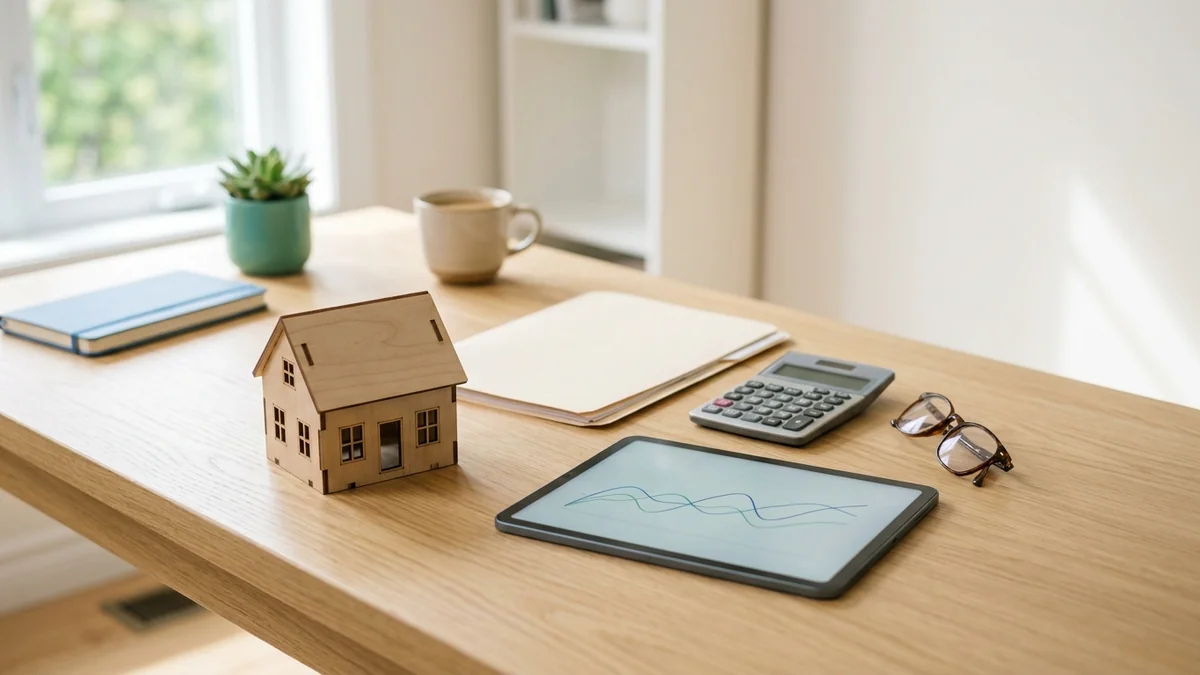 Wooden model house on a home office desk beside paperwork, a calculator and a tablet, representing can you use a HELOC to pay off your mortgage